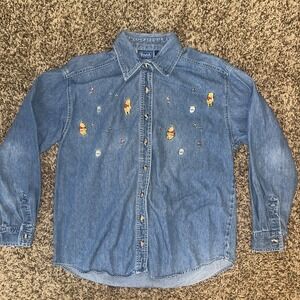 Vintage Disney Shirt Women's M Blue Y2K Denim Winnie The Pooh Embroidered